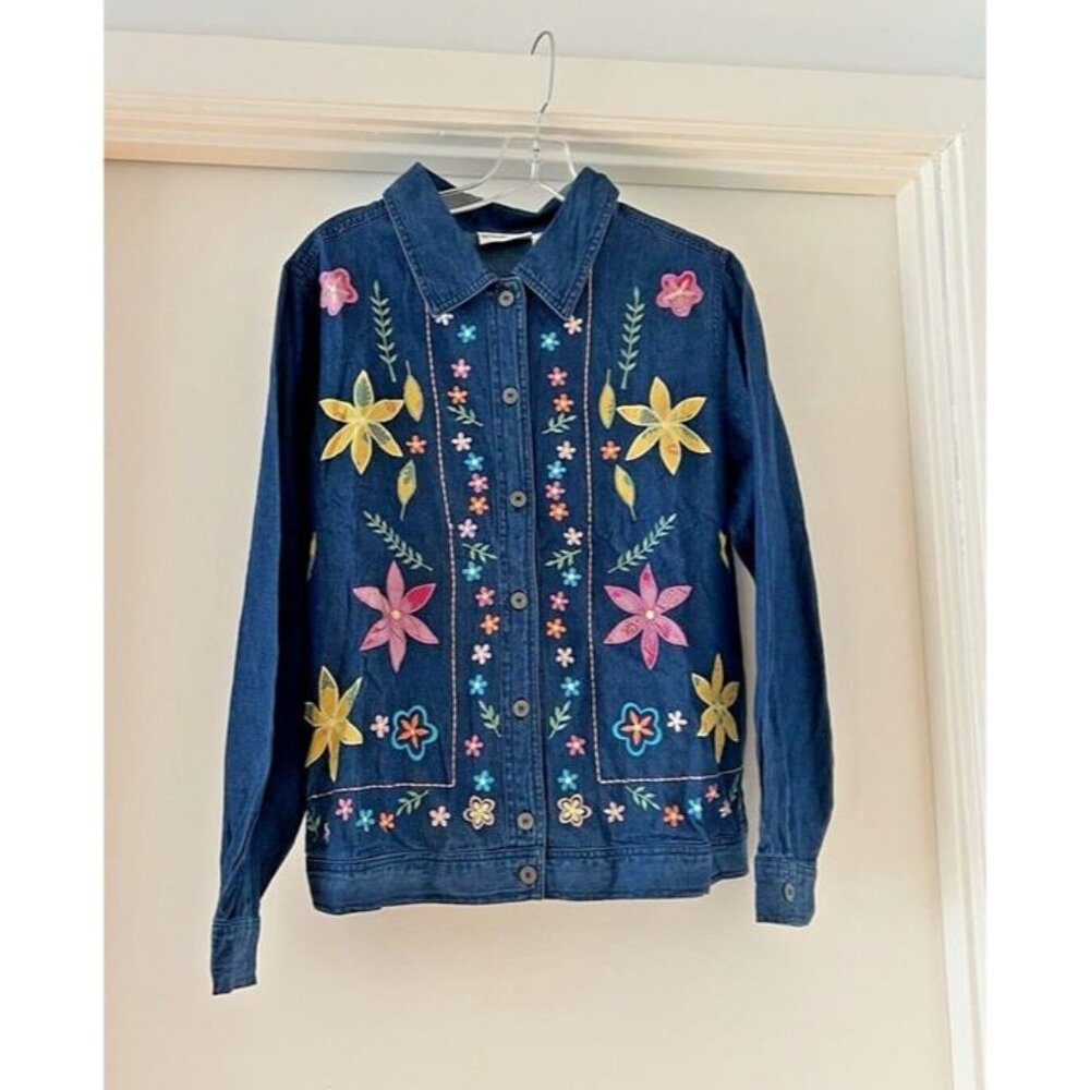 NWT Petite Size 12 Floral Embroidered Denim Button Up Blouse‎ Fairy Cottage Core